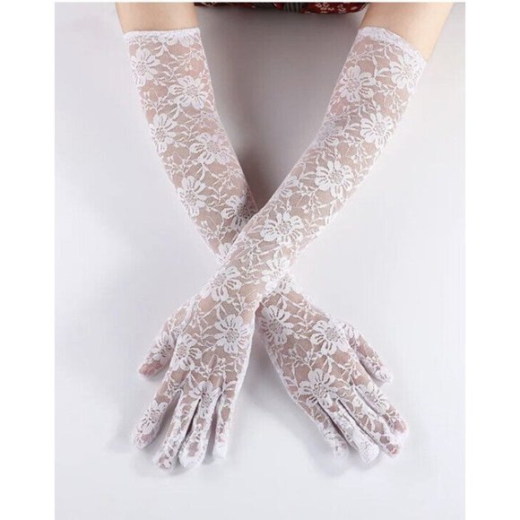 Women’s long floral lace wedding white gloves. Tea Party Communion Bridal - Picture 4 of 4